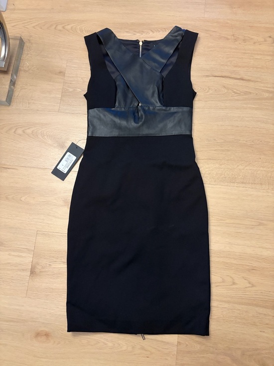 Marciano Black Faux-Leather Trim Midi Sheath Dress